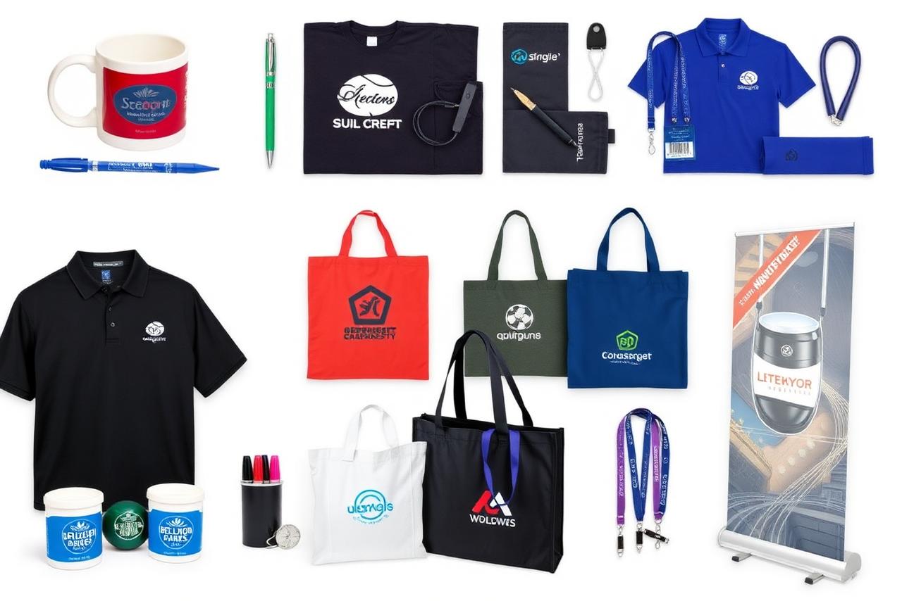 Collection of branded promotional items and signage