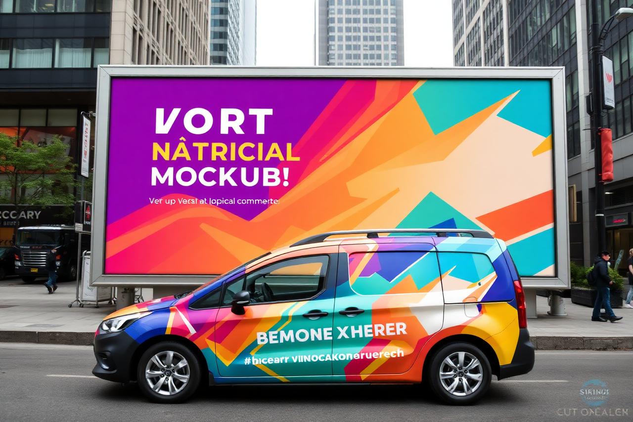 Large outdoor advertising banner and branded vehicle wrap