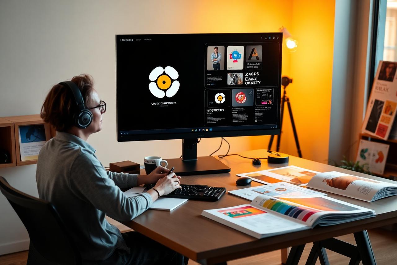 Designer working on brand identity and print layout