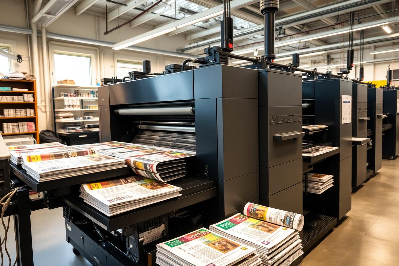 Professional printing press producing colorful marketing materials